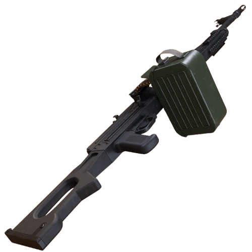 1:1 PKP Pecheneg — 3D printed inert prop. Painted, assembled, blaze orange tip.