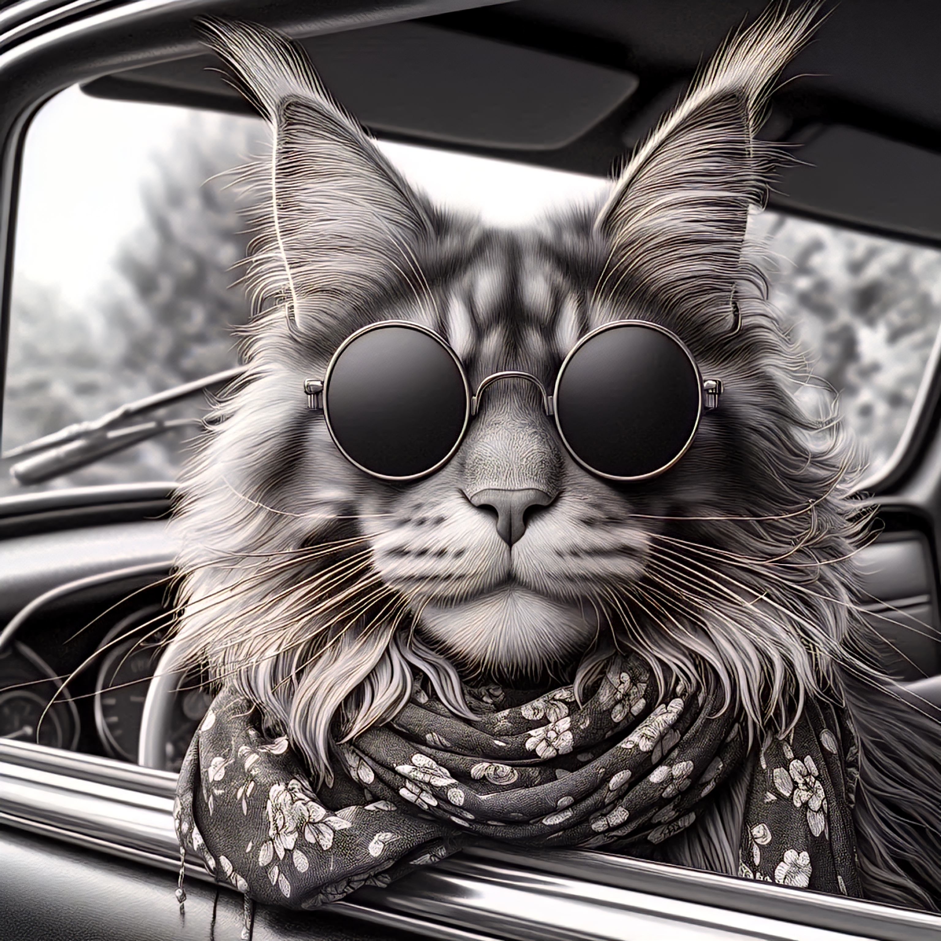 Cool Cat & Classic Car Engraved Ceramic Tile | Unique Framed Wall Art & Gift