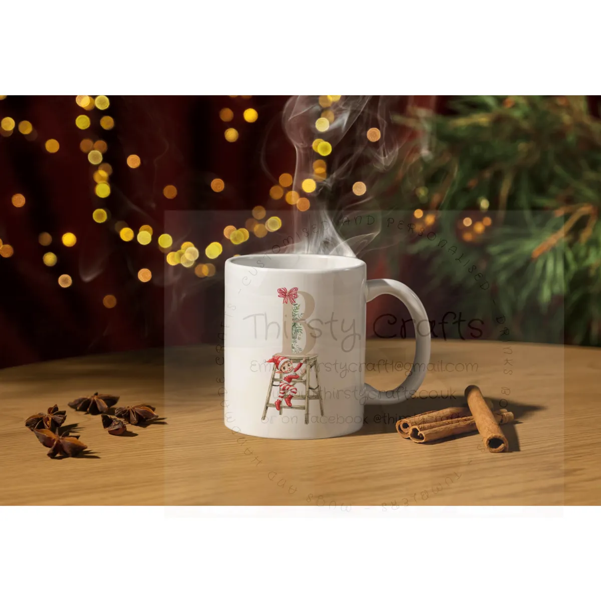 Personalised Christmas Mug - Initial with Elf on steps