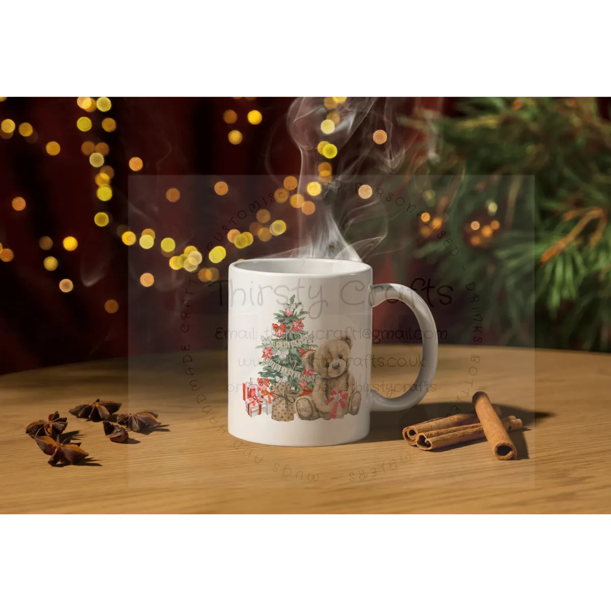 Personalised Christmas Mug - Cute Teddy Bear with his presents under a tree
