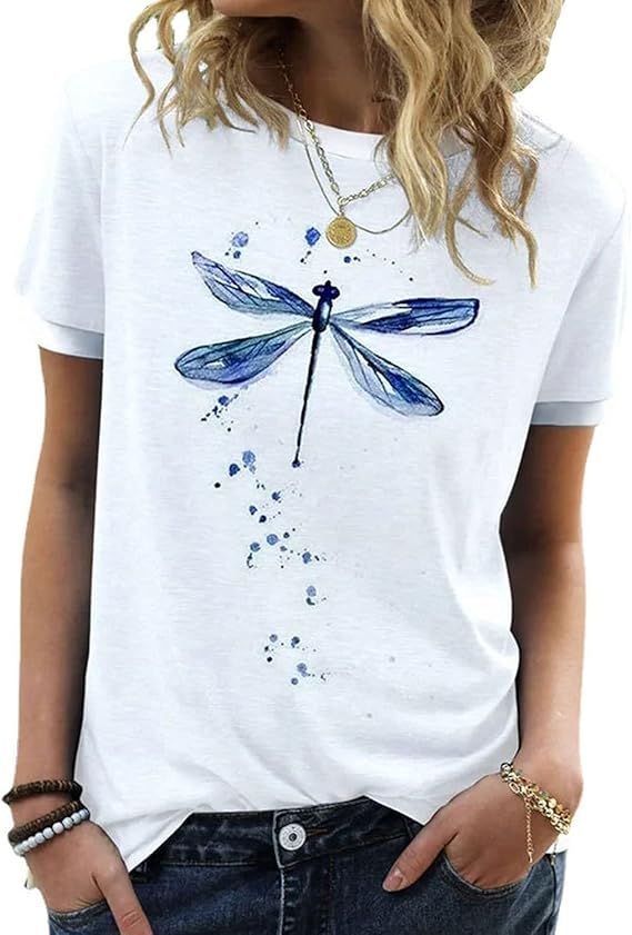 Women's Graphic Tees Casual Summer Funny Dragonfly Printed Short Sleeve Cute T Shirts Tops