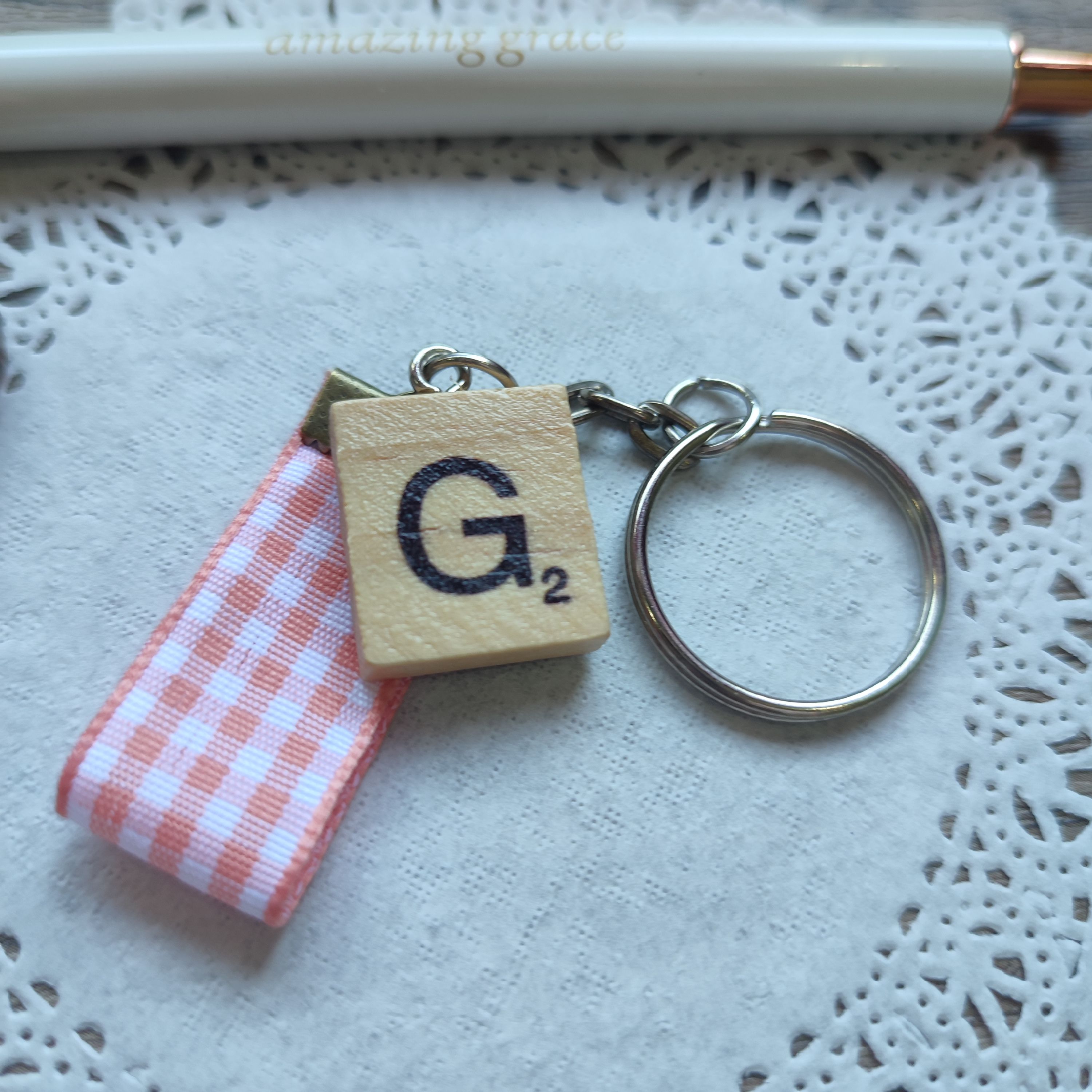 Monogram Scrabble Tile and Peach Plaid Ribbon Keychain (Letter G)