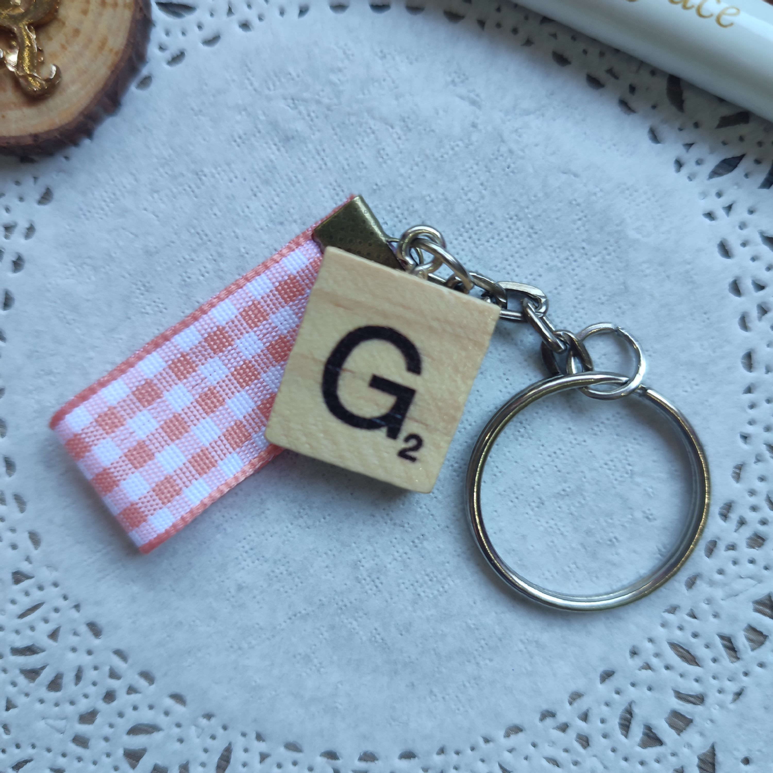 Monogram Scrabble Tile and Peach Plaid Ribbon Keychain (Letter G)
