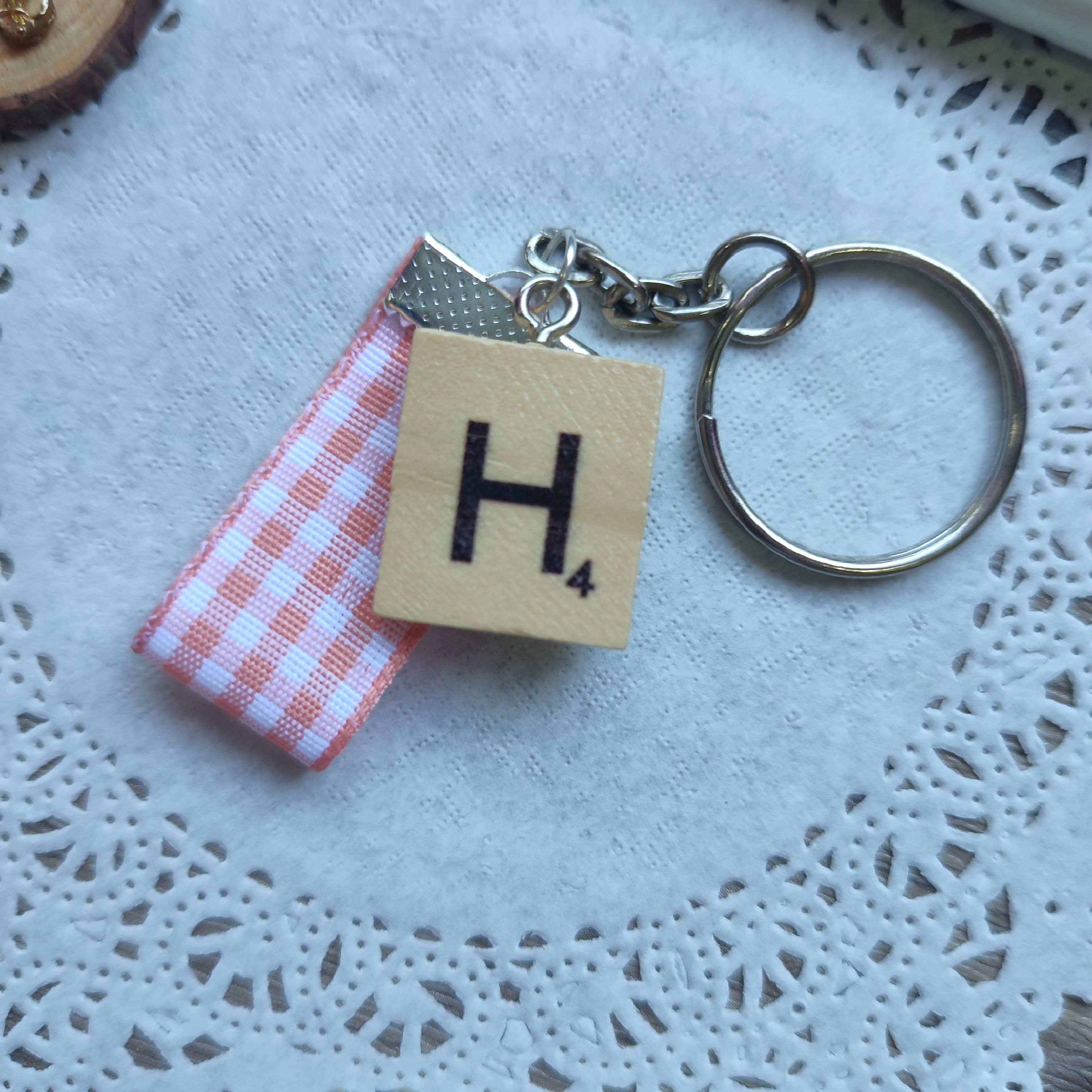 Monogram Scrabble Tile and Peach Plaid Ribbon Keychain (Letter H)