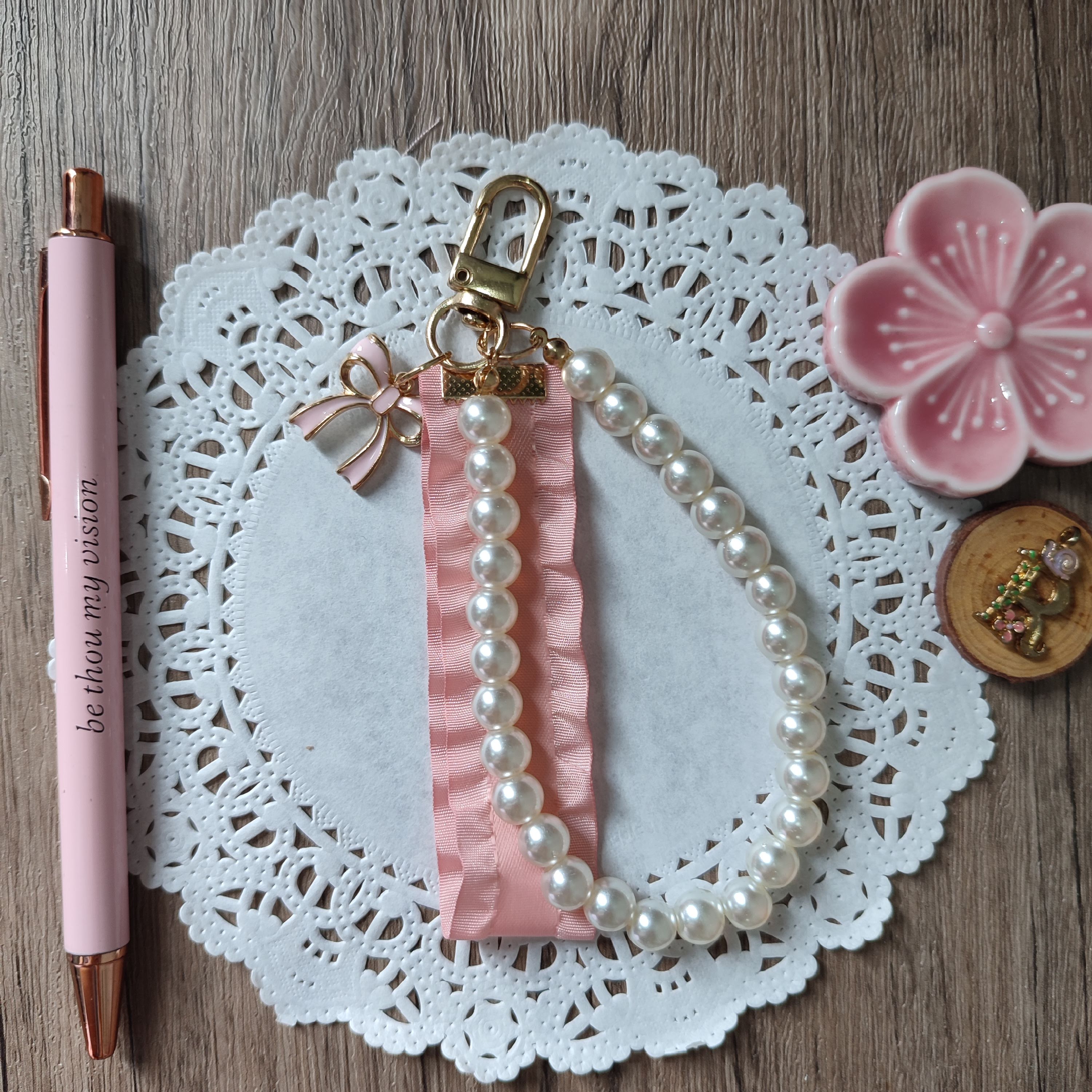 Pearl and Ribbon Keychain with Bow Charm (Pink Satin)