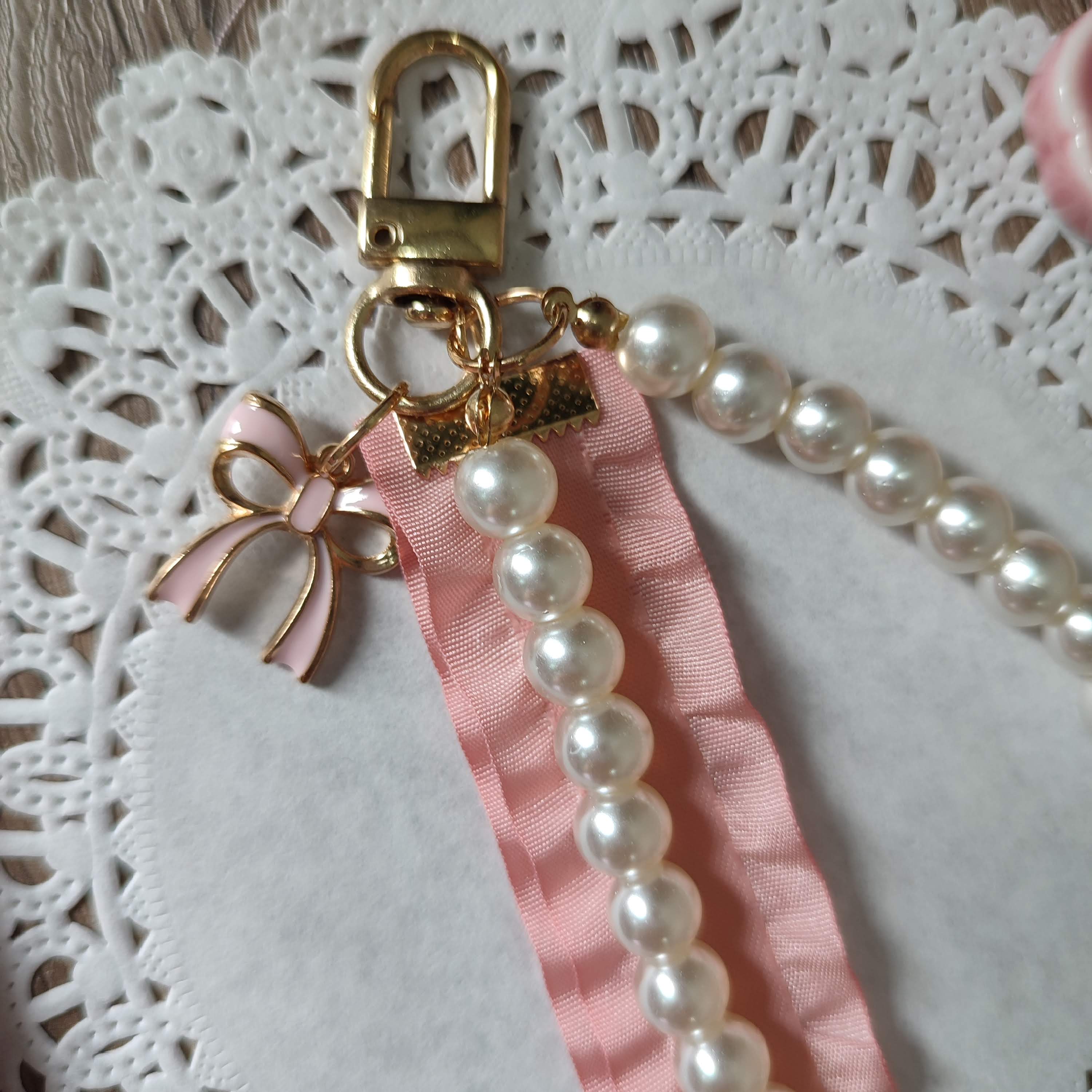 Pearl and Ribbon Keychain with Bow Charm (Pink Satin)