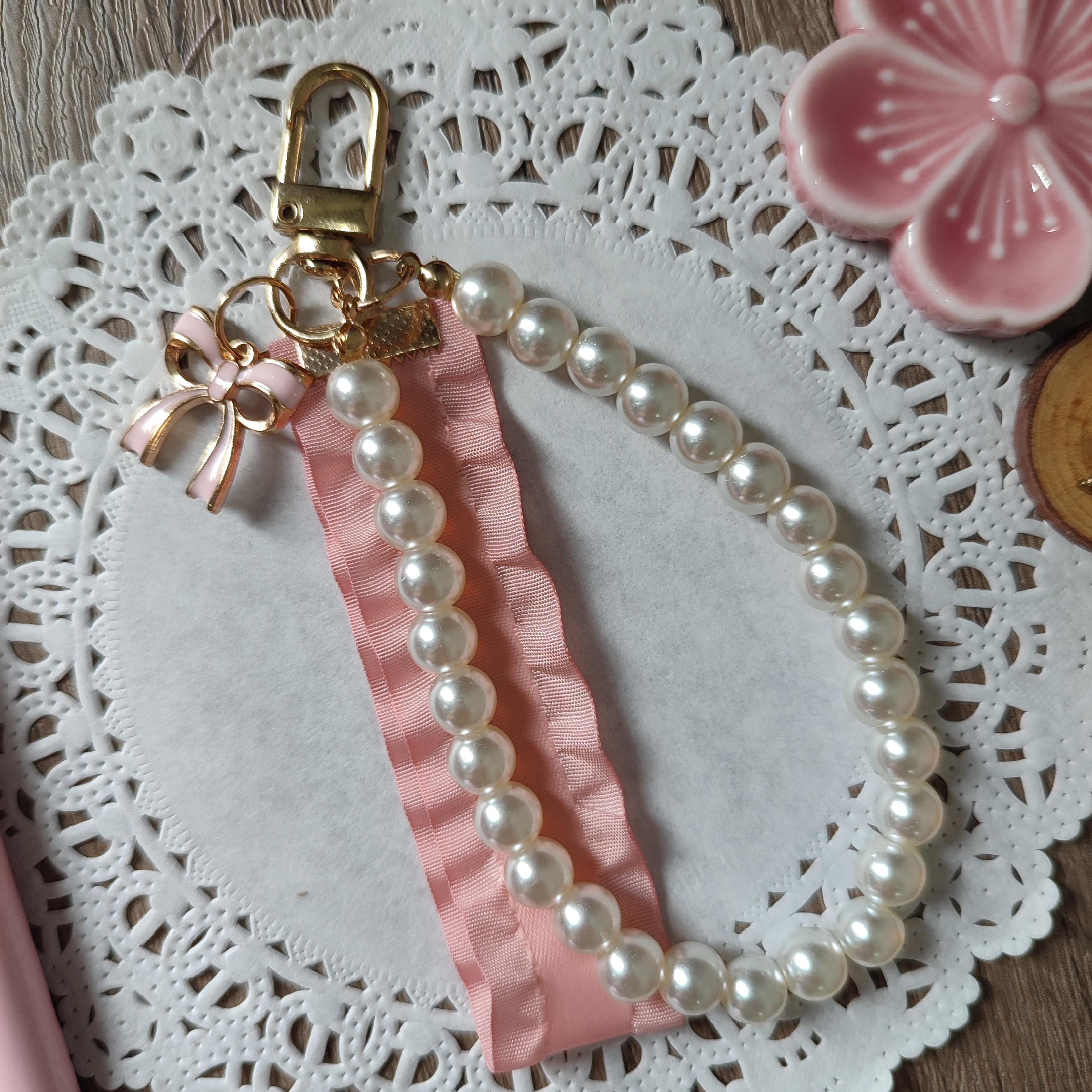 Pearl and Ribbon Keychain with Bow Charm (Pink Satin)