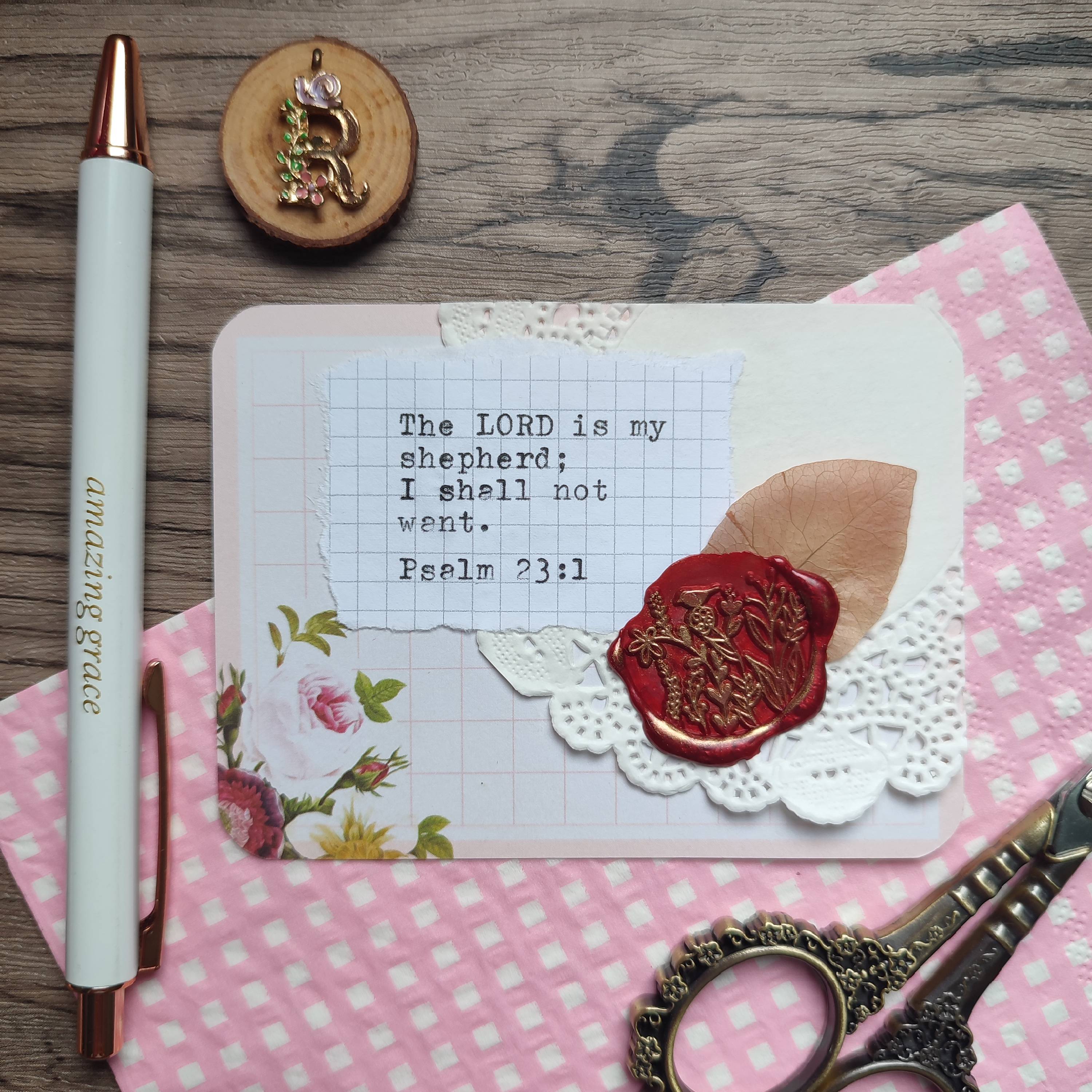 Journal Card Embellishment with wax seal (3x4 inches) - Psalm 23:1