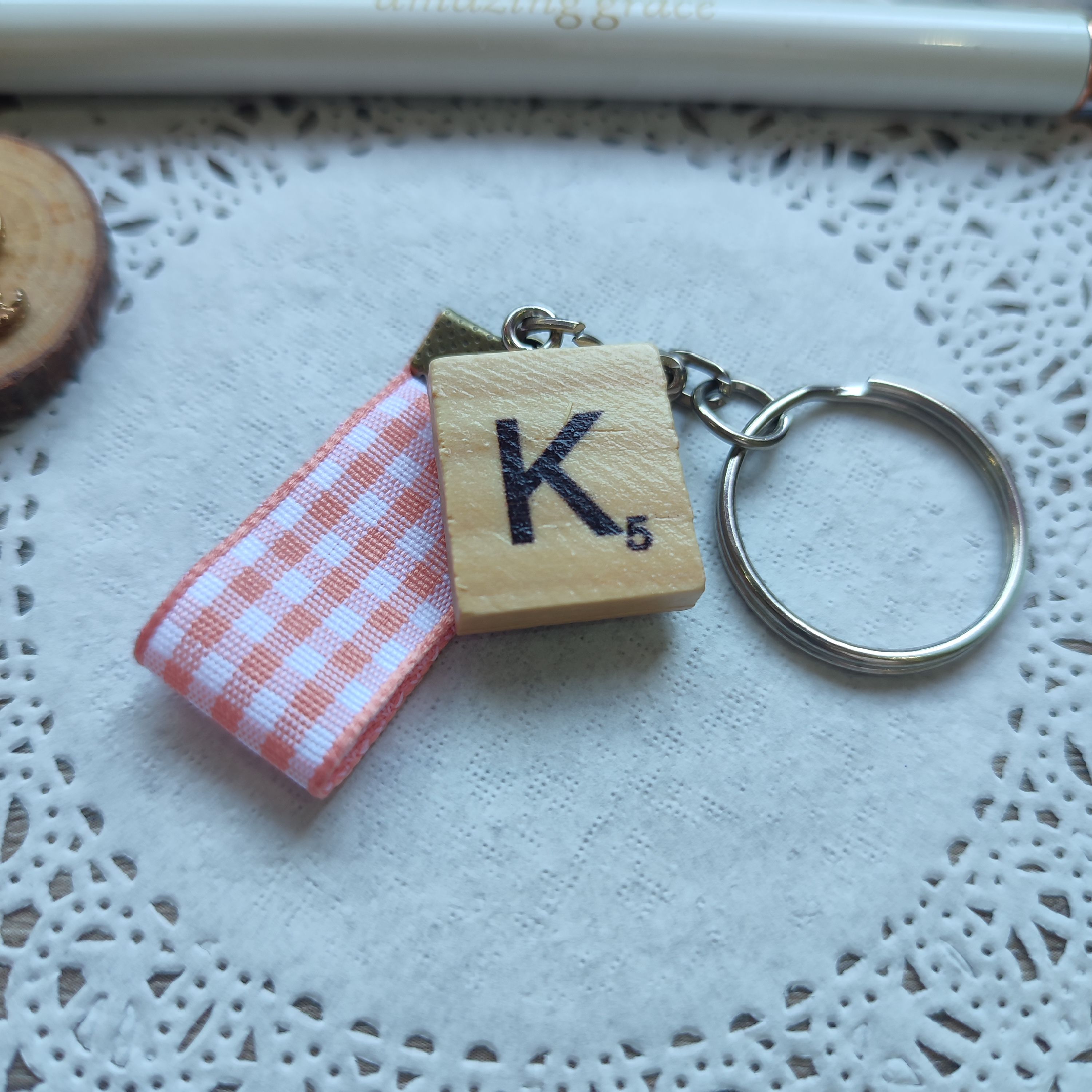 Monogram Scrabble Tile and Peach Plaid Ribbon Keychain (Letter K)