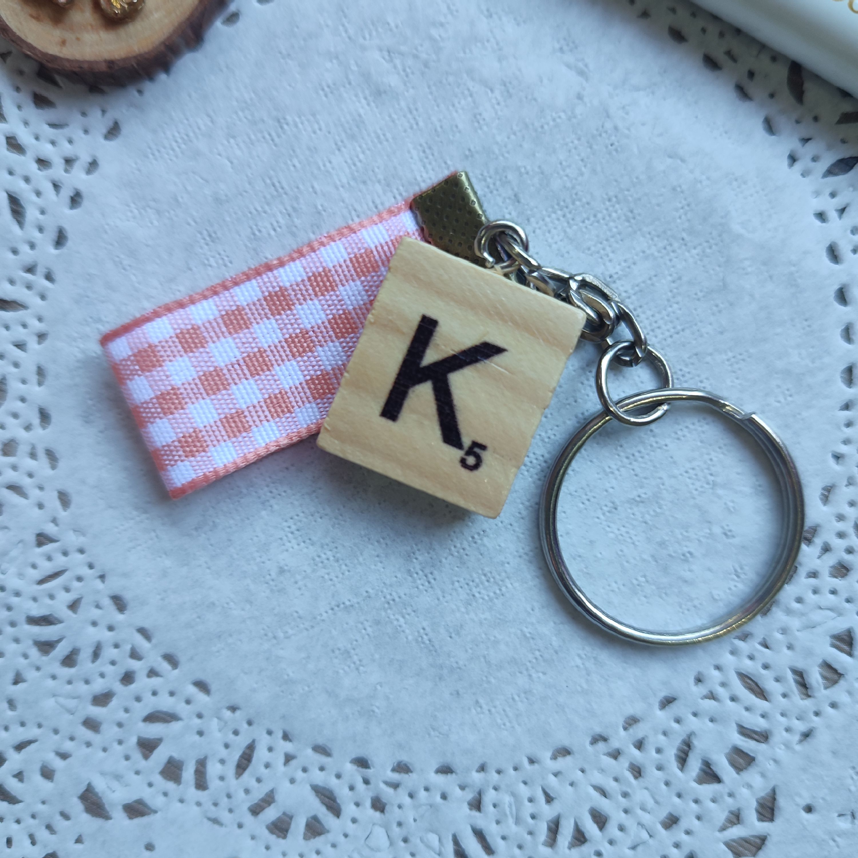Monogram Scrabble Tile and Peach Plaid Ribbon Keychain (Letter K)
