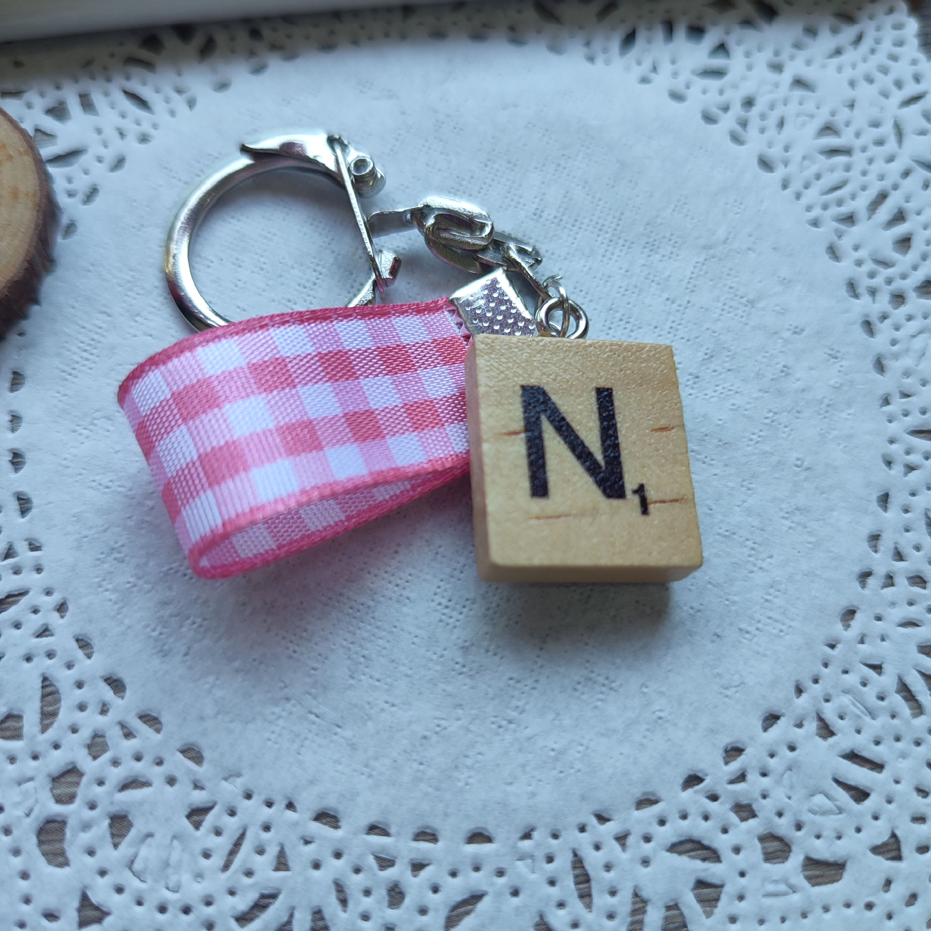 Monogram Scrabble Tile and Pink Plaid Ribbon Keychain (Letter N)