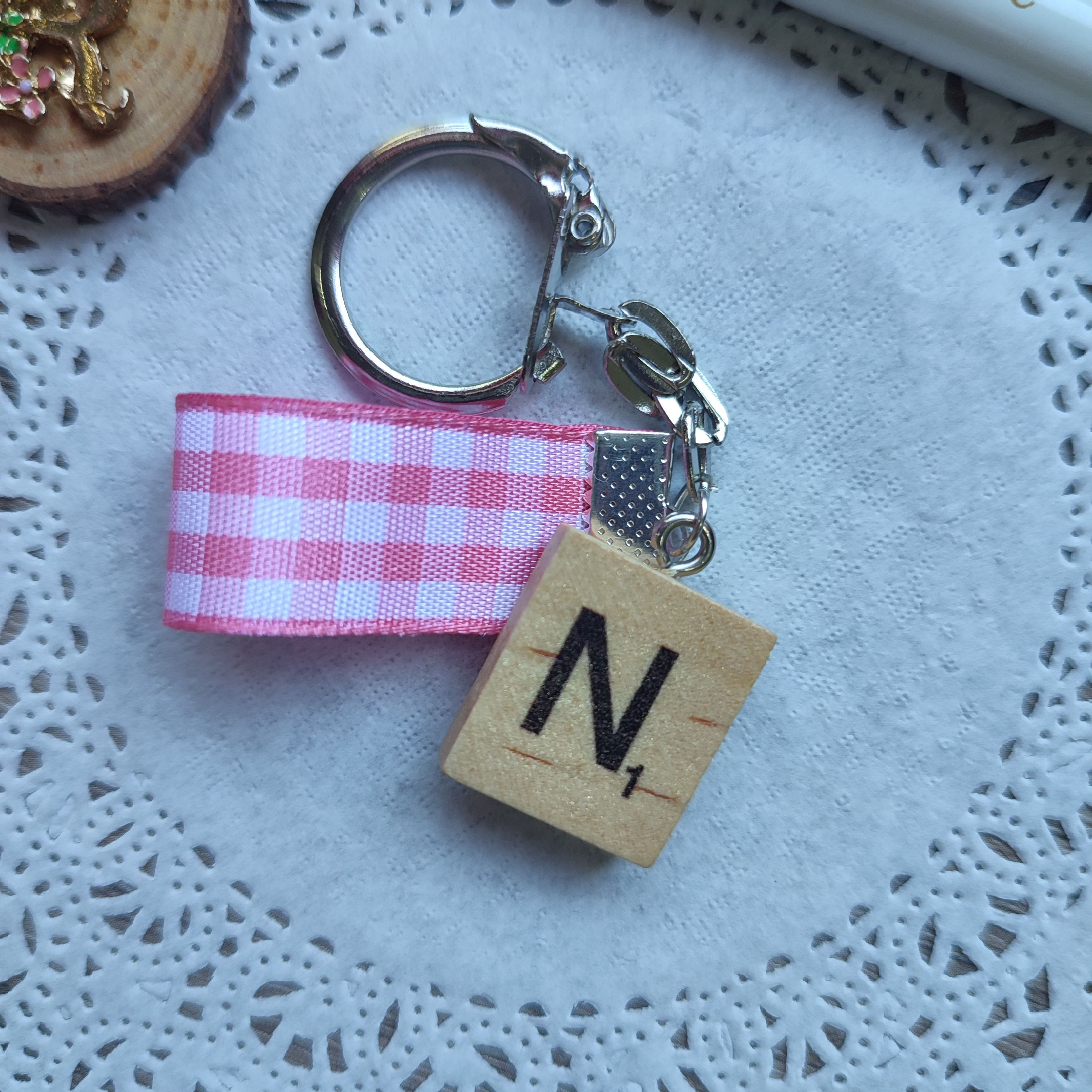 Monogram Scrabble Tile and Pink Plaid Ribbon Keychain (Letter N)