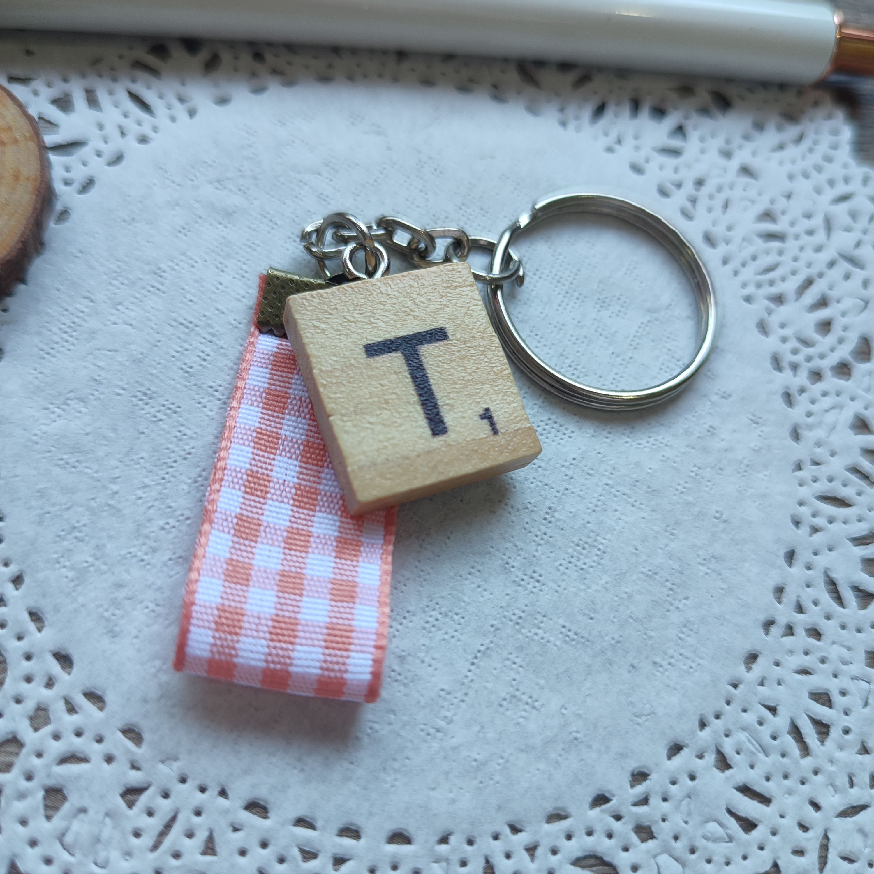 Monogram Scrabble Tile and Peach Plaid Ribbon Keychain (Letter T)