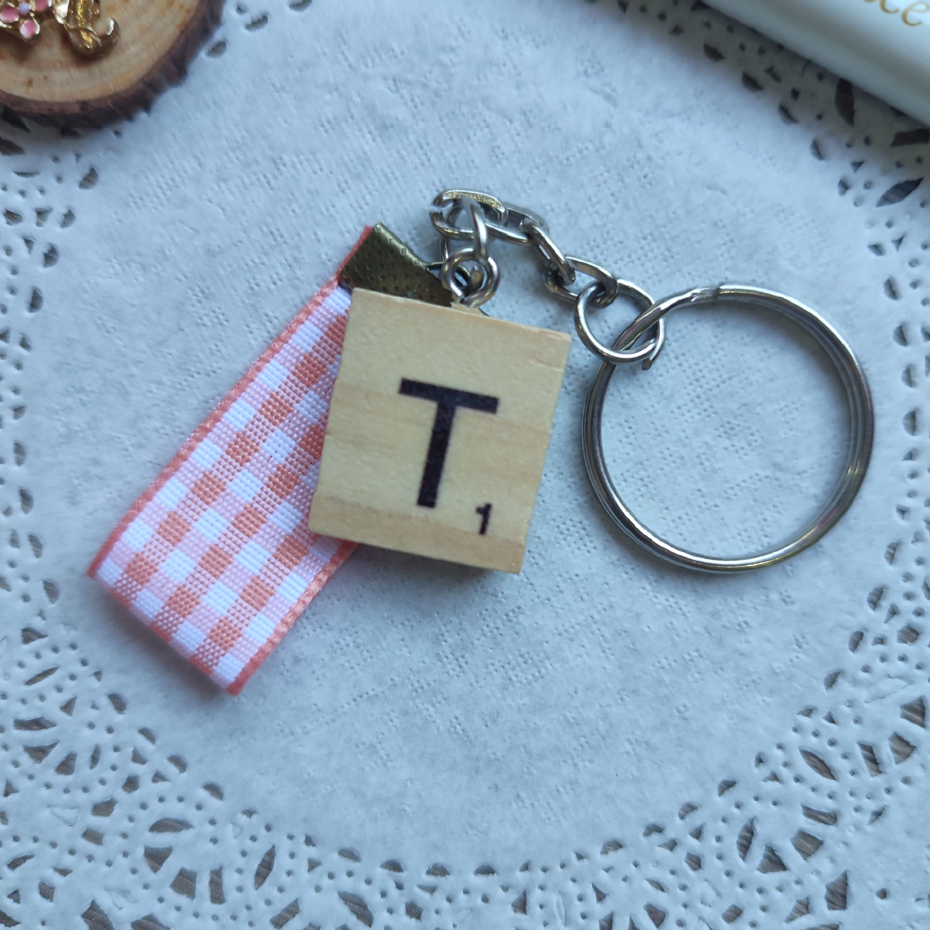 Monogram Scrabble Tile and Peach Plaid Ribbon Keychain (Letter T)