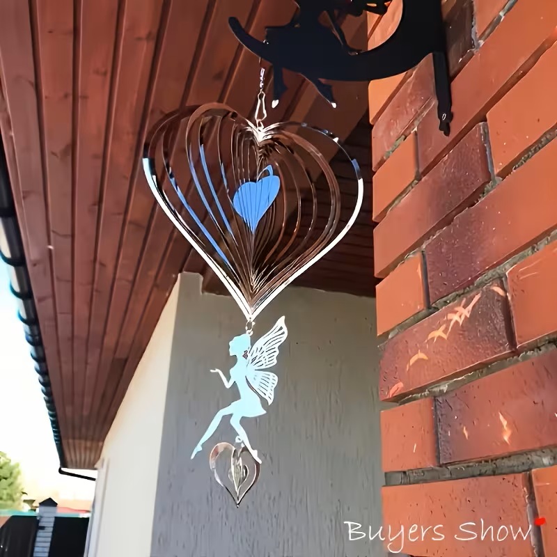 Stainless Steel Heart-Shaped 3D Wind Chime with Rotating Hook