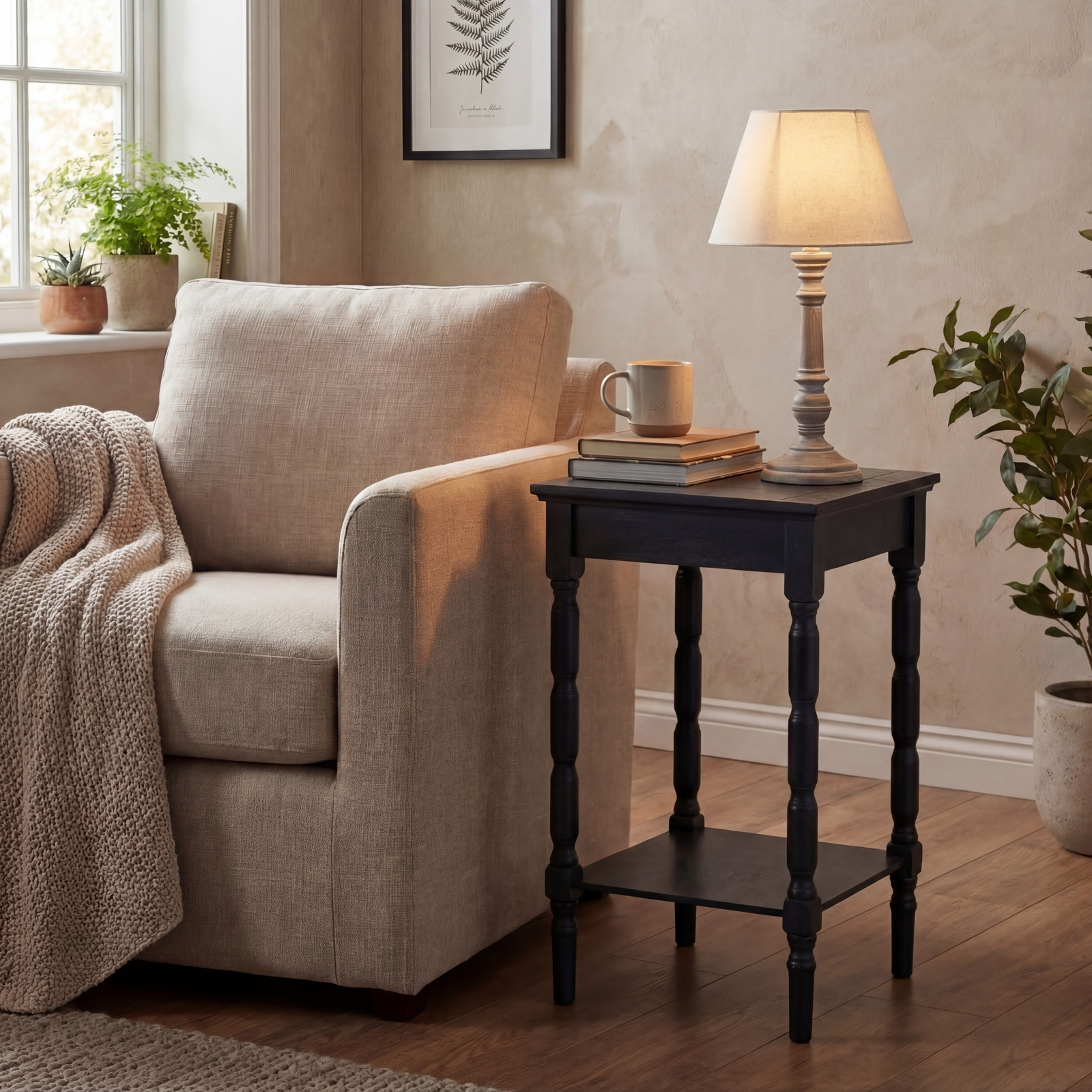 Pella Wooden Table Lamp with Linen Shade – Rustic Cottage Lighting