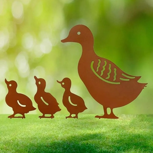 Metal Duck Family Garden Stake Set – 4pc Outdoor Yard Decor