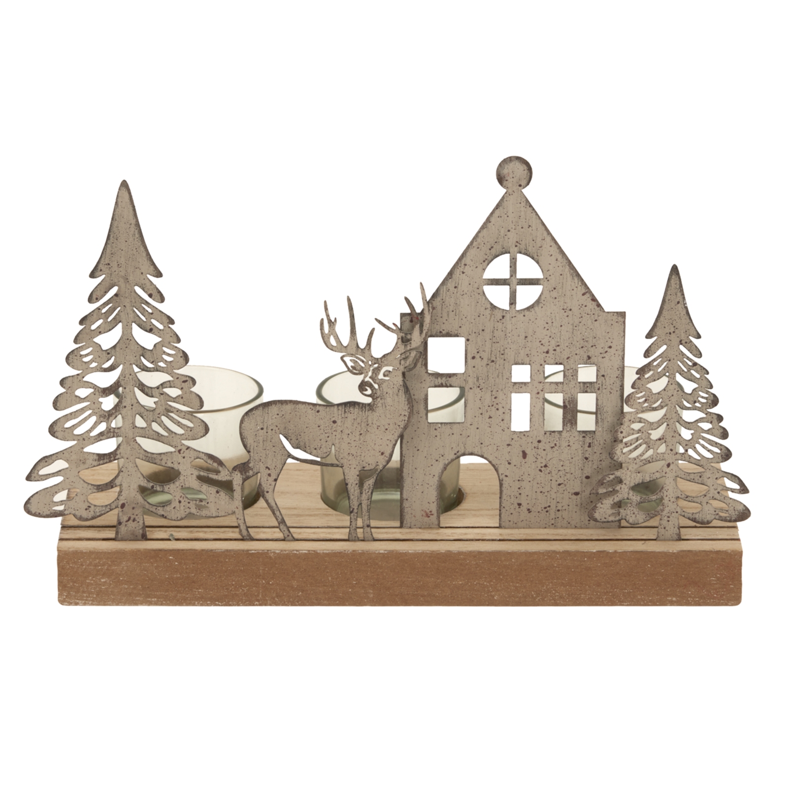 Rustic Woodland Tealight Holder – Metal Candle Holder with Wood Base
