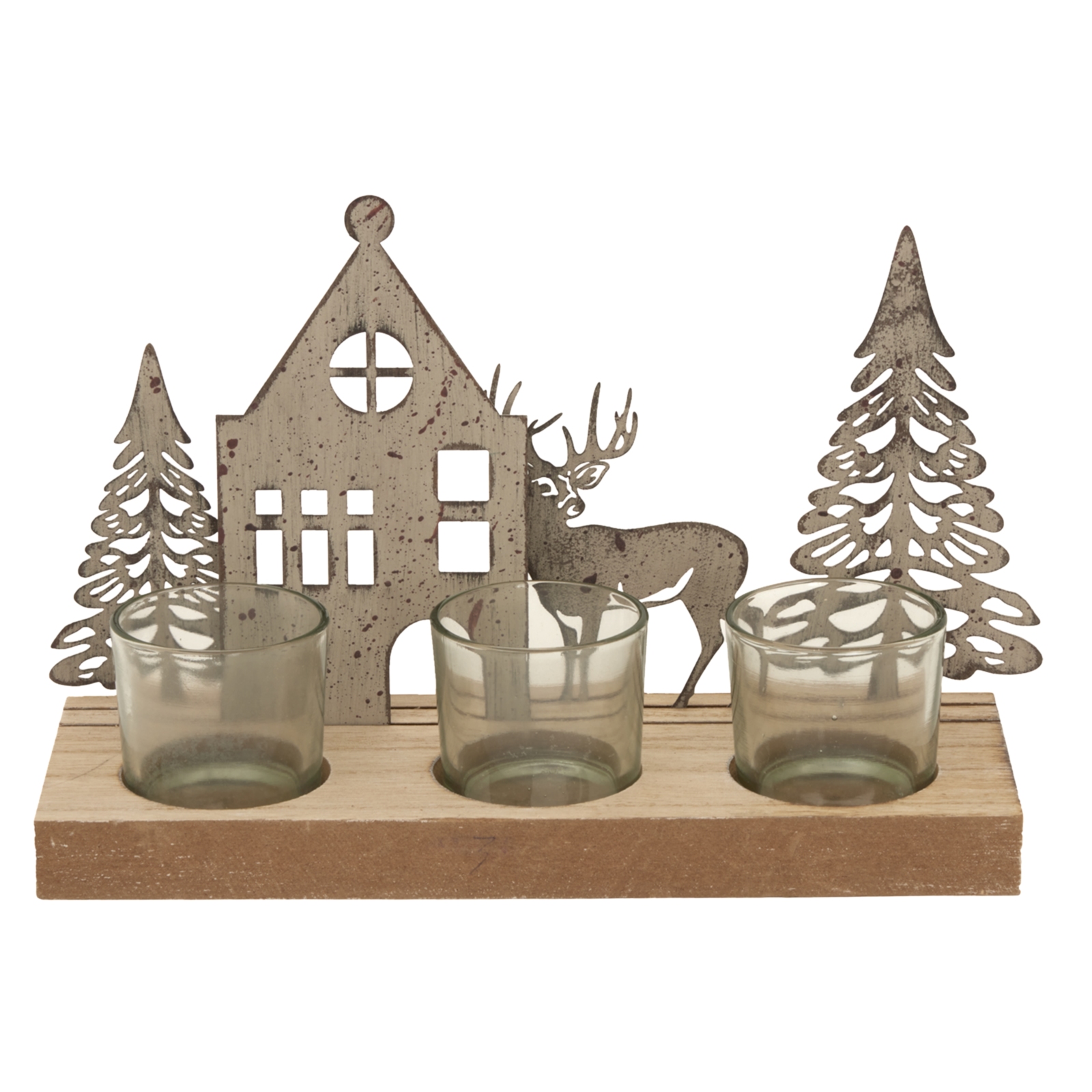 Rustic Woodland Tealight Holder – Metal Candle Holder with Wood Base