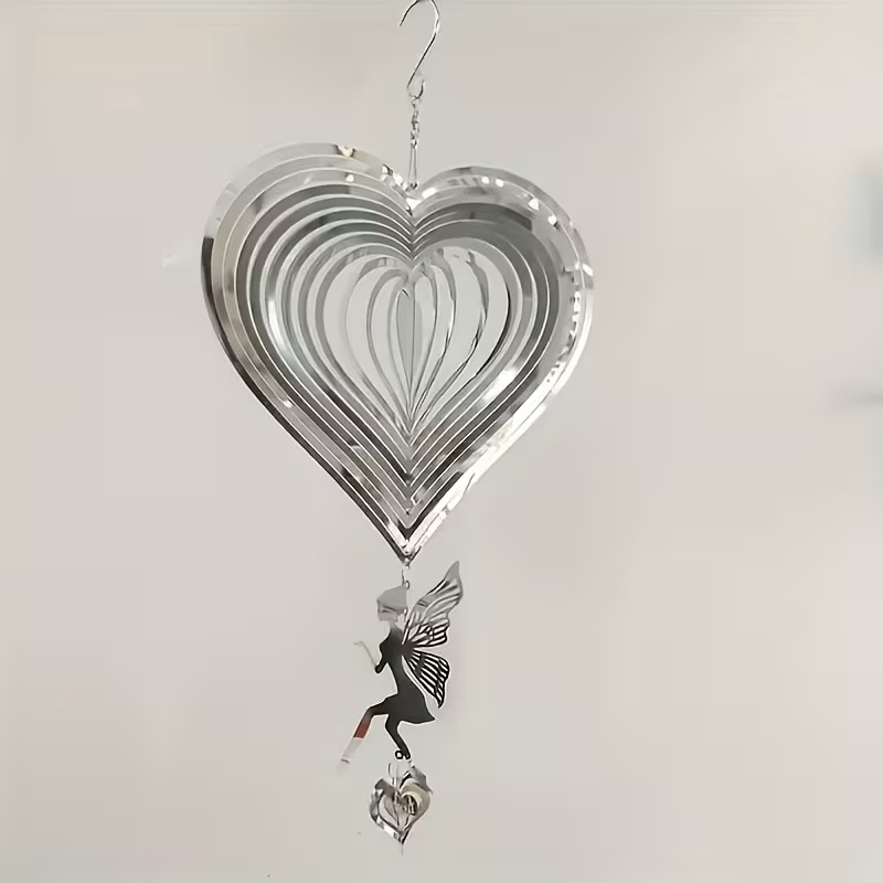Stainless Steel Heart-Shaped 3D Wind Chime with Rotating Hook
