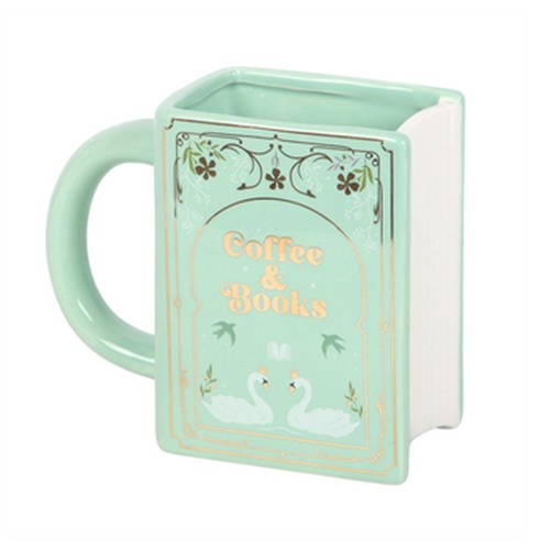 Coffee and Books Green Ceramic Mug – Novel Shaped Book Lover Gift