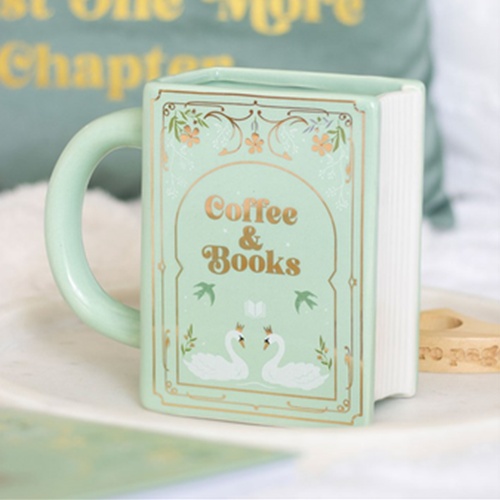 Coffee and Books Green Ceramic Mug – Novel Shaped Book Lover Gift