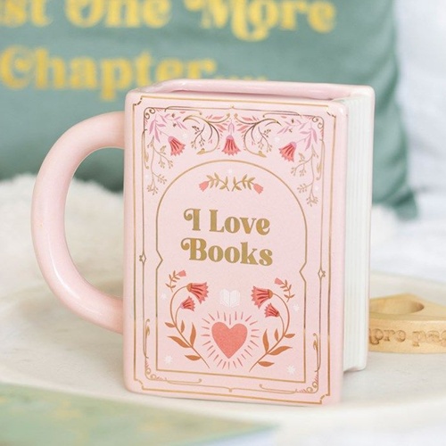 I Love Books Pink Ceramic Mug – Novel Shaped Book Lover Gift