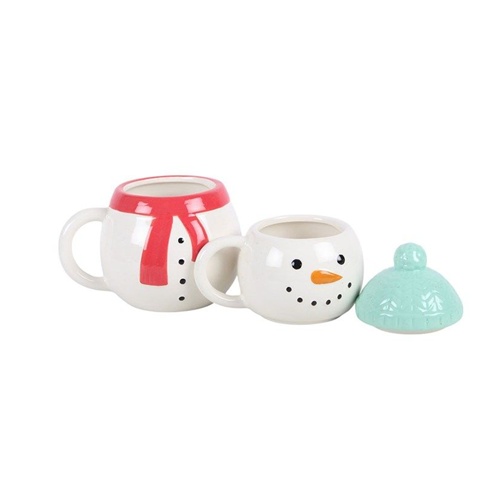 Snowman Christmas Mug 470ml – Ceramic Lidded Mug with Bobble Hat