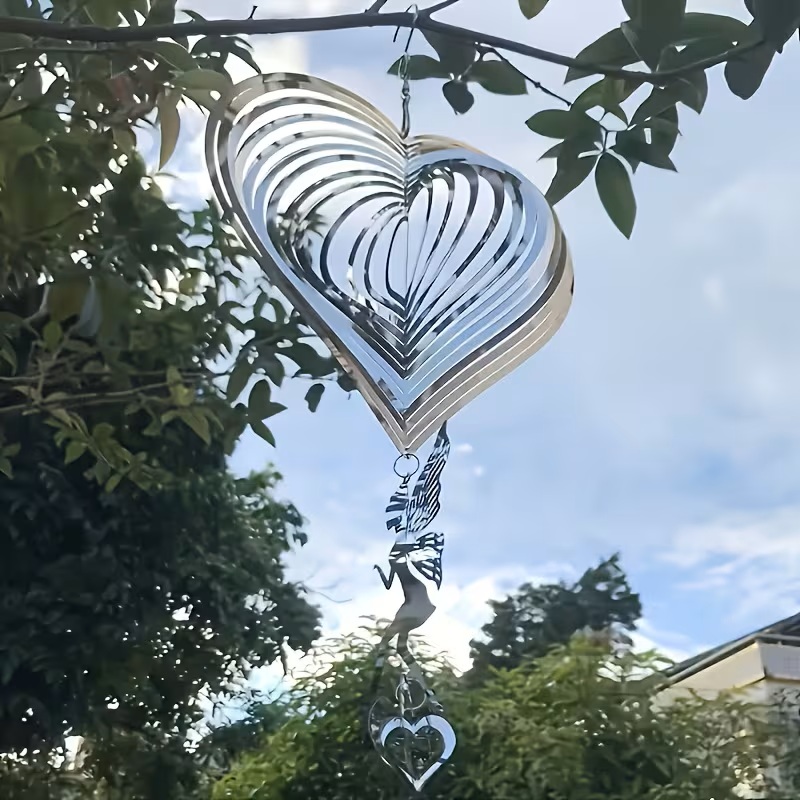 Stainless Steel Heart-Shaped 3D Wind Chime with Rotating Hook
