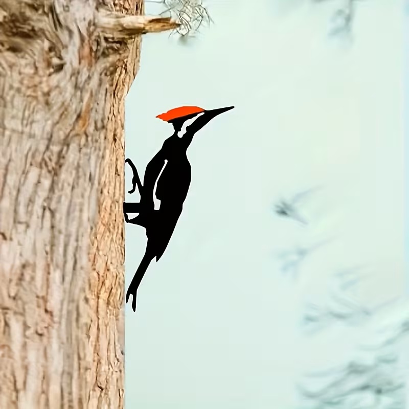 Woodpecker Metal Wall Art – Black & Red Bird Garden & Home Hanging Décor