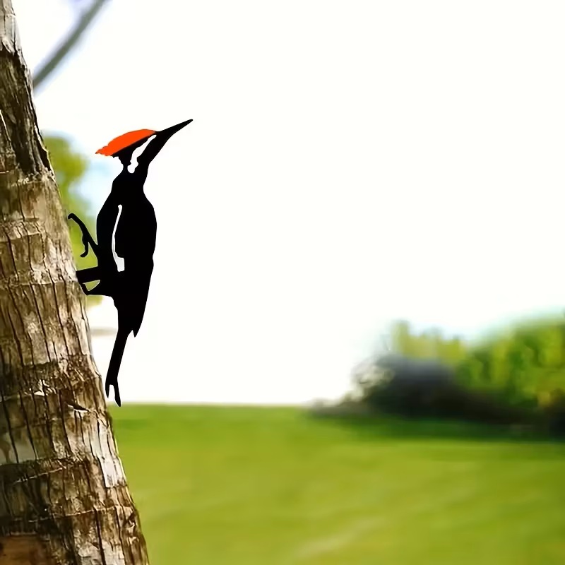 Woodpecker Metal Wall Art – Black & Red Bird Garden & Home Hanging Décor