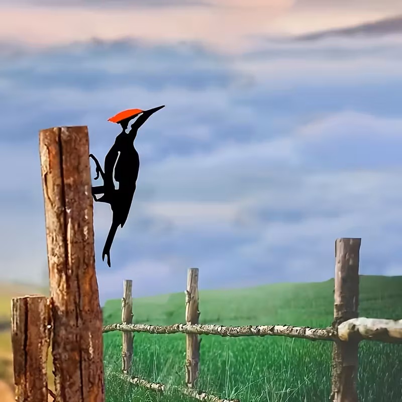 Woodpecker Metal Wall Art – Black & Red Bird Garden & Home Hanging Décor
