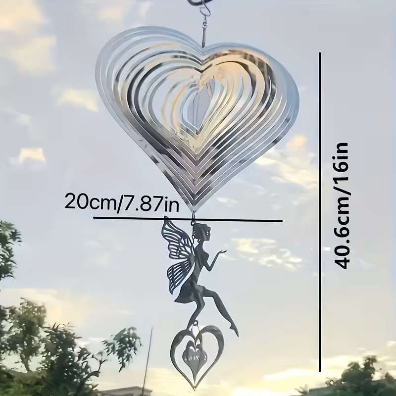 Stainless Steel Heart-Shaped 3D Wind Chime with Rotating Hook