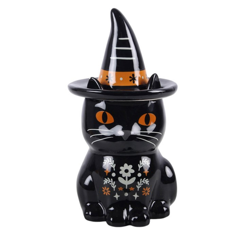 Black Cat Oil Burner – Folk Floral Ceramic Fragrance Burner