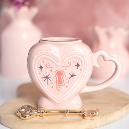 Pink Heart Locket Mug 350ml – Ceramic  Gift with Key Stirrer