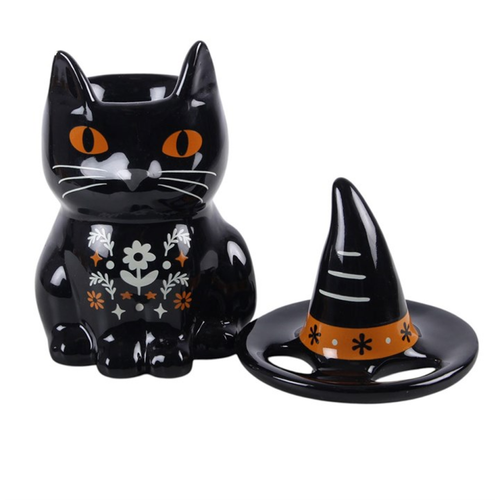 Black Cat Oil Burner – Folk Floral Ceramic Fragrance Burner