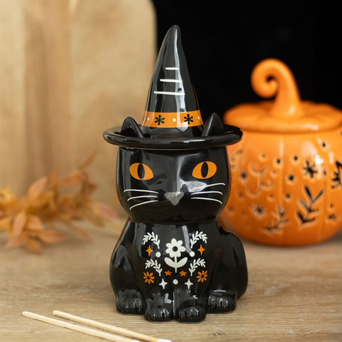 Black Cat Oil Burner – Folk Floral Ceramic Fragrance Burner