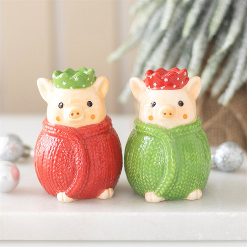 Christmas Pig Salt & Pepper Shakers – Set of 2 Ceramic Festive Tableware