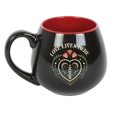 Love Lives Here Mug 500ml – Black Ceramic Folk Heart Coffee Cup