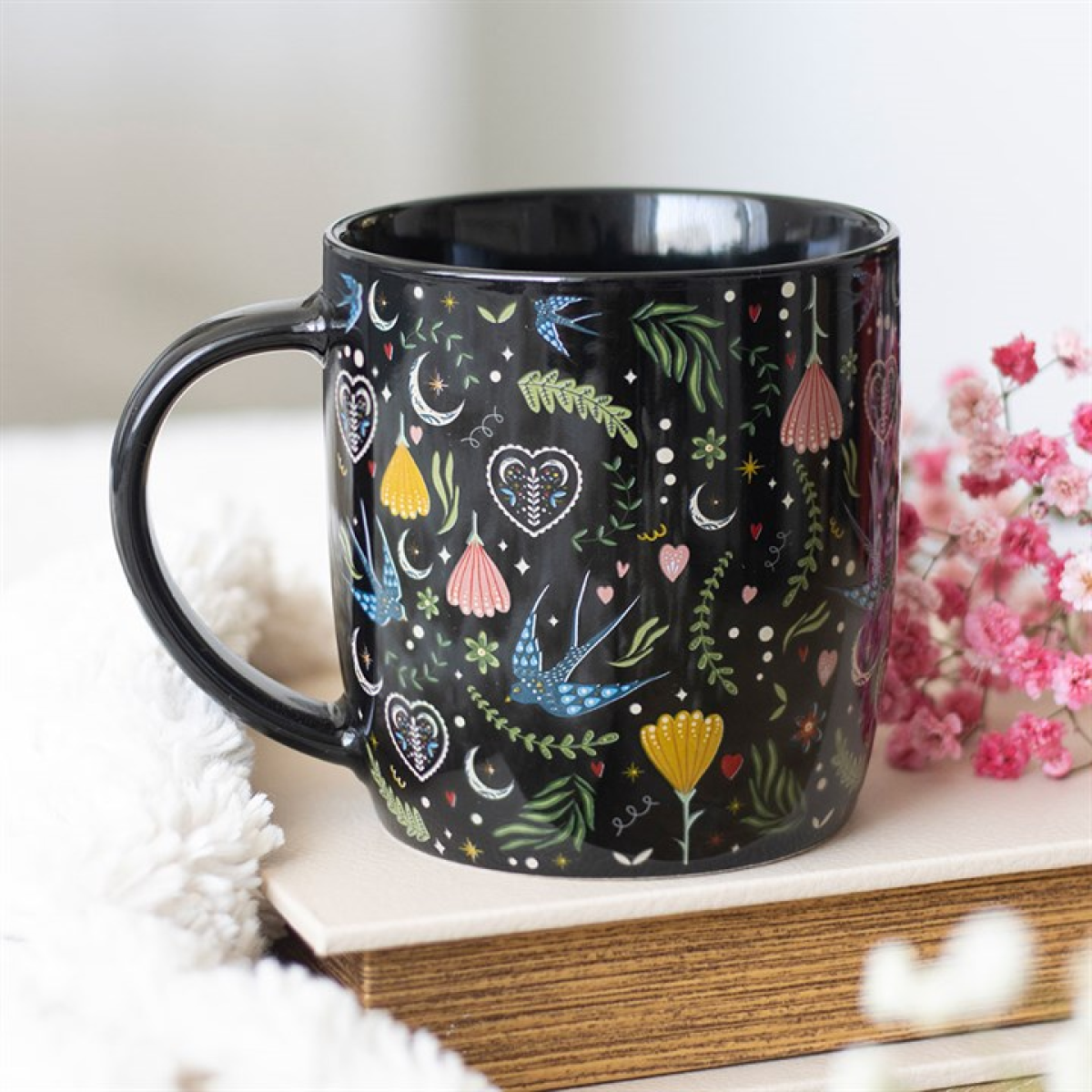 Midnight Bloom Black Floral Mug 350ml – Ceramic Coffee Cup