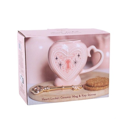 Pink Heart Locket Mug 350ml – Ceramic  Gift with Key Stirrer