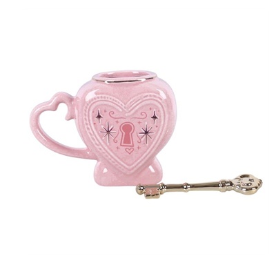 Pink Heart Locket Mug 350ml – Ceramic  Gift with Key Stirrer