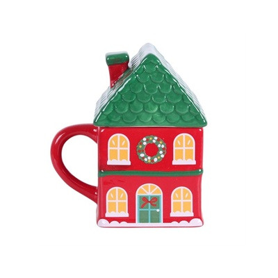 Christmas House Mug Red Ceramic Lidded Festive Novelty Mug