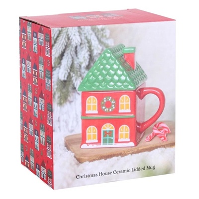 Christmas House Mug Red Ceramic Lidded Festive Novelty Mug