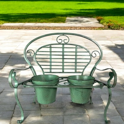 Rustic Green Bench Planter with 2 Pots – Garden Decoration