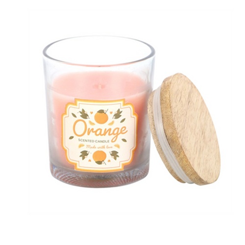 Orange Scented Glass Candle with Wooden Lid – Citrus Home Fragrance Gift