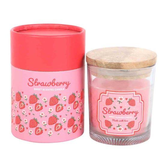Strawberry Scented Glass Candle with Wooden Lid – Floral Gift Candle