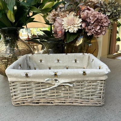 Large Grey Wicker Storage Basket with Bumblebee Liner – Rectangular Organiser