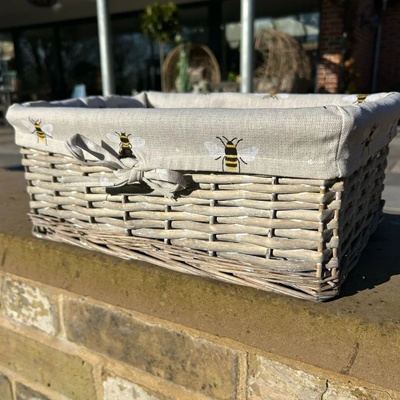 Large Grey Wicker Storage Basket with Bumblebee Liner – Rectangular Organiser