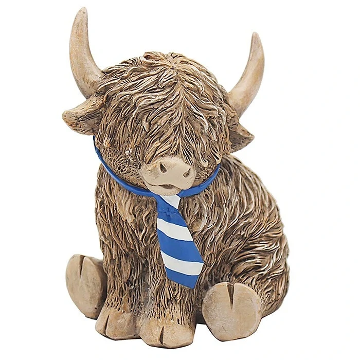 Highland Cow Ornament with Striped Tie – Resin Farmhouse Decor